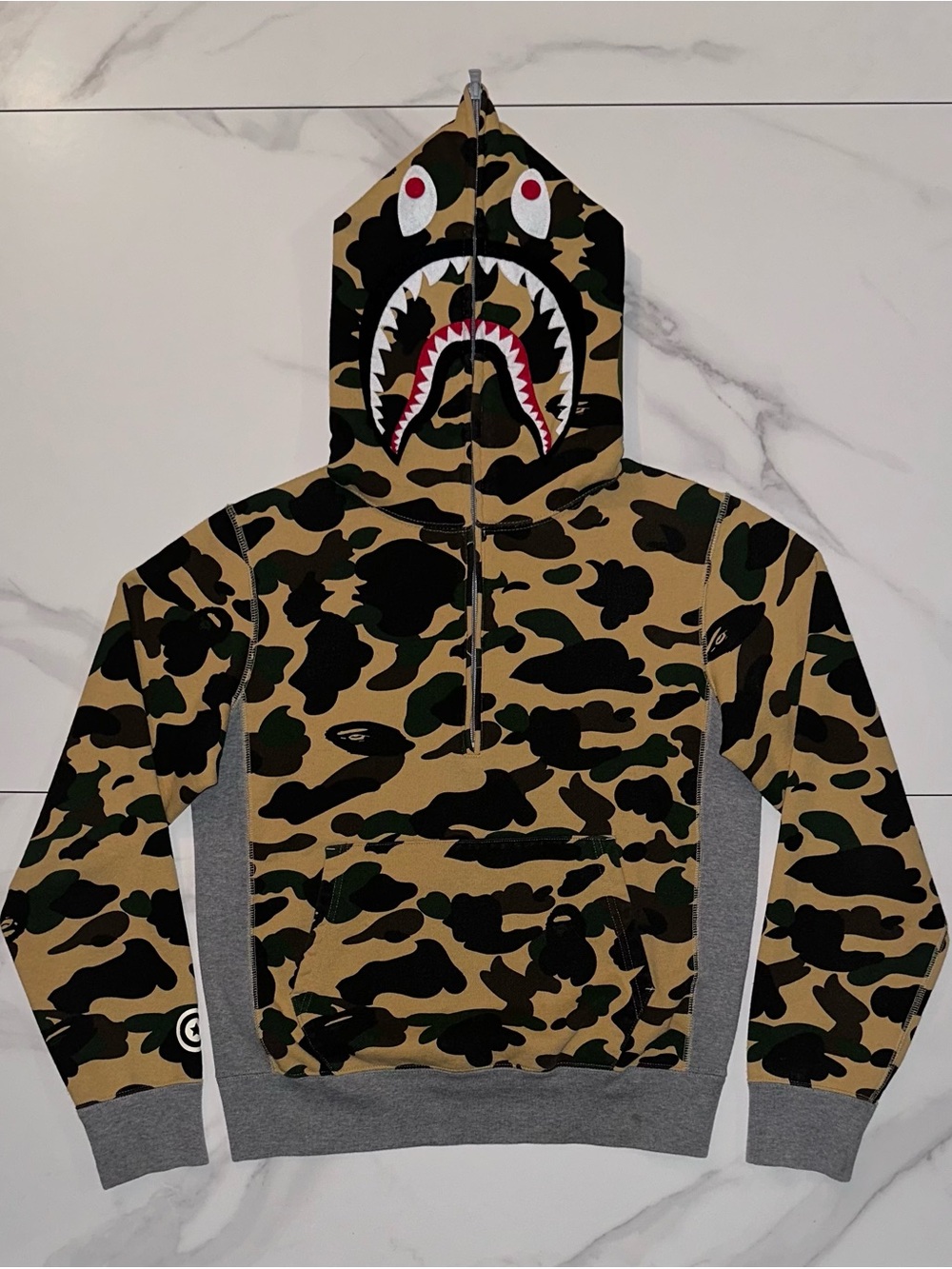 BAPE A Bathing Ape 1st Camo Half Zip Hoodie Yellow Grey Medium